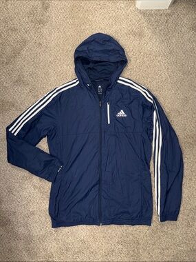 adidas Navy Blue Hooded Windbreaker with White Stripes